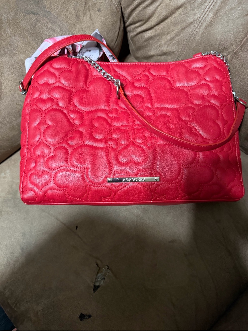 Quilted Red Top-Handle Tote with Floral Scarf - Picture 6 of 8